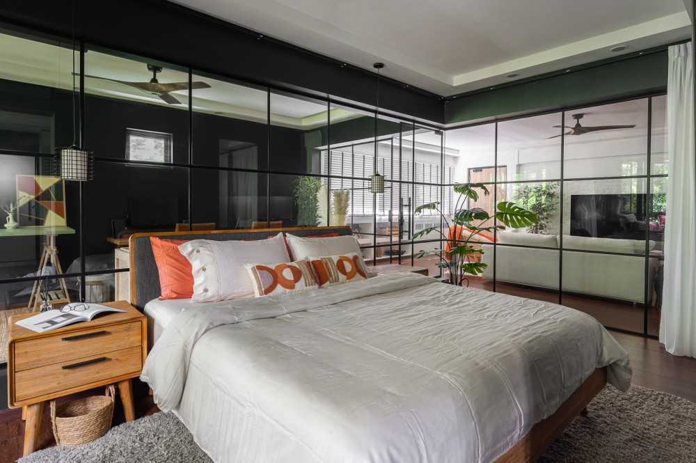 Scandinavian Bedroom with Wood Flooring and Carpet
