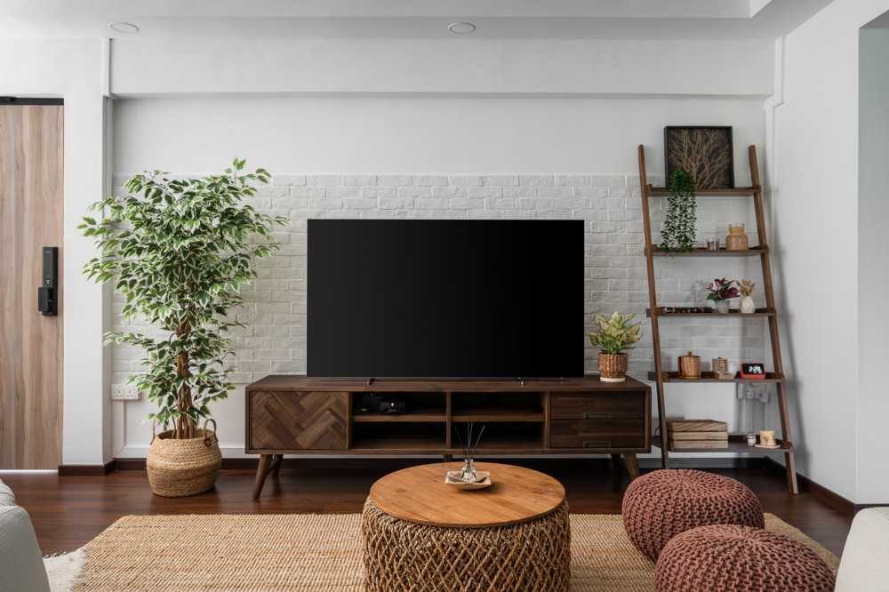 Scandinavian Living Room with Wood Flooring and TV Console