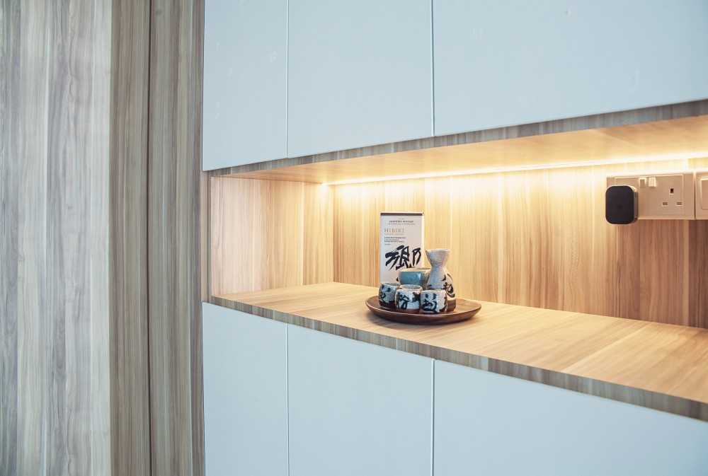 Scandinavian Living Room with Storage Cabinets and Lighting