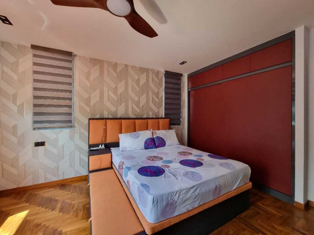Eclectic Bedroom with Parquet Floor and Ceiling Light