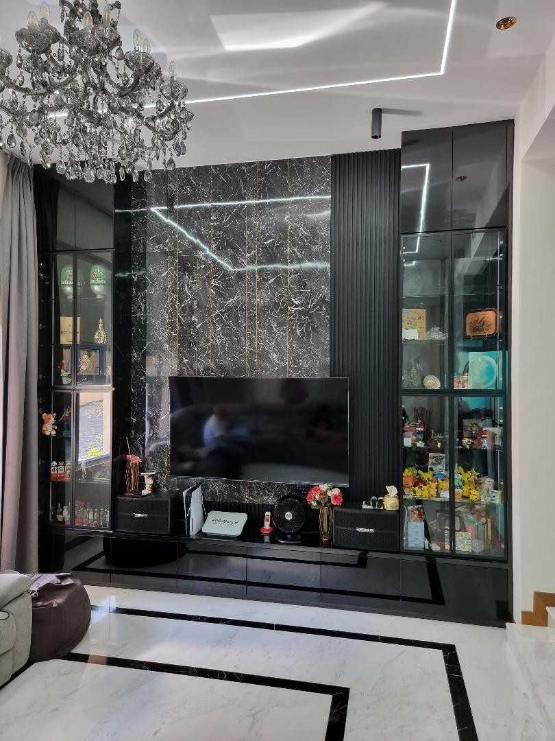 Eclectic Living Room with Marble Floor and TV Console