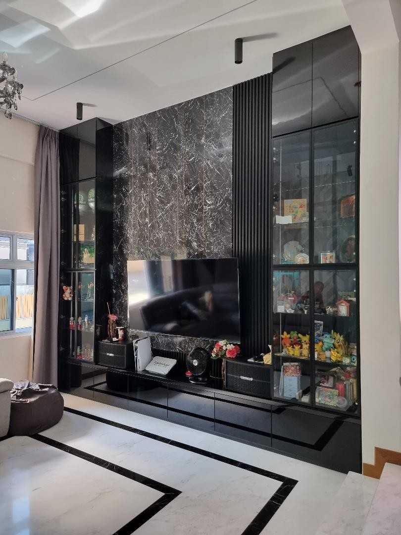 Eclectic Living Room with Marble Floor and TV Console