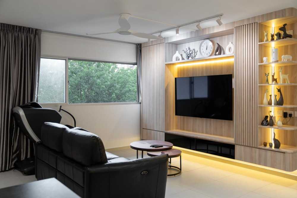 Contemporary Living Room with Homogeneous Tiles and TV Console