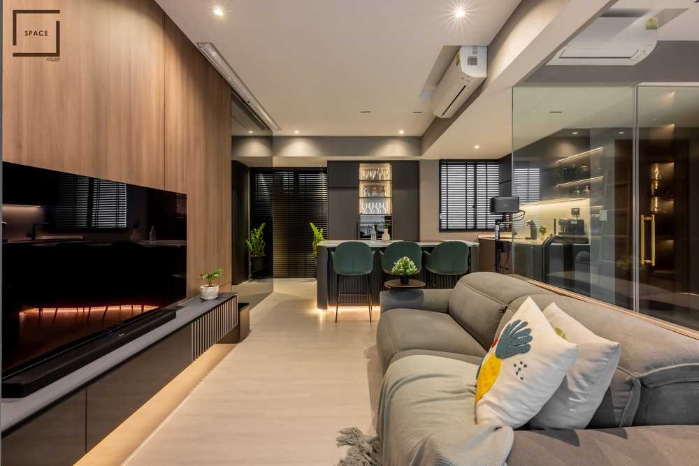 Contemporary Living Room with Homogeneous Tiles and Ceiling Light