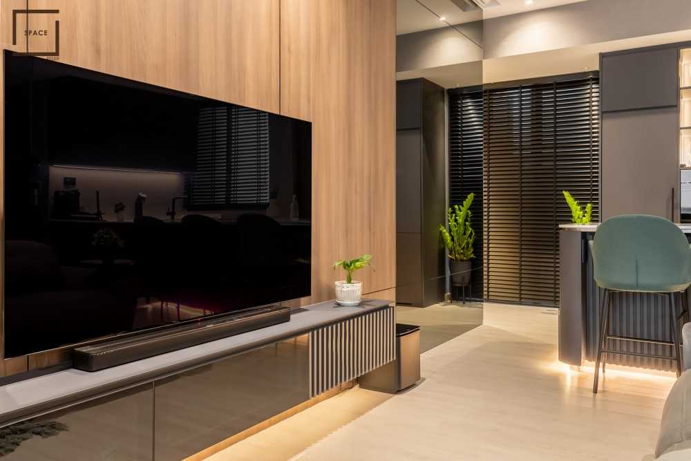 Contemporary Living Room with Homogeneous Tiles and TV Console