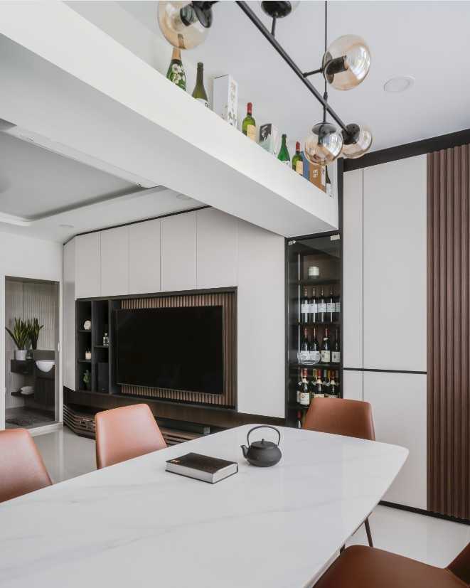 Contemporary Living Room with Homogeneous Tiles and TV Console