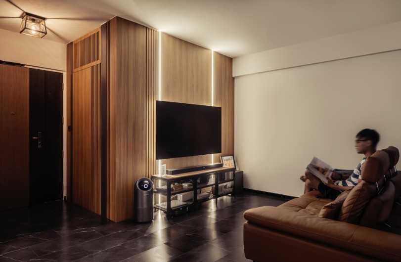 Industrial Living Room with Homogeneous Tiles and TV Console