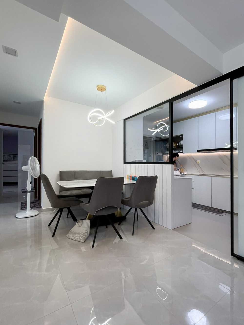 Scandinavian Dining Room with Glass Door and Dining Table