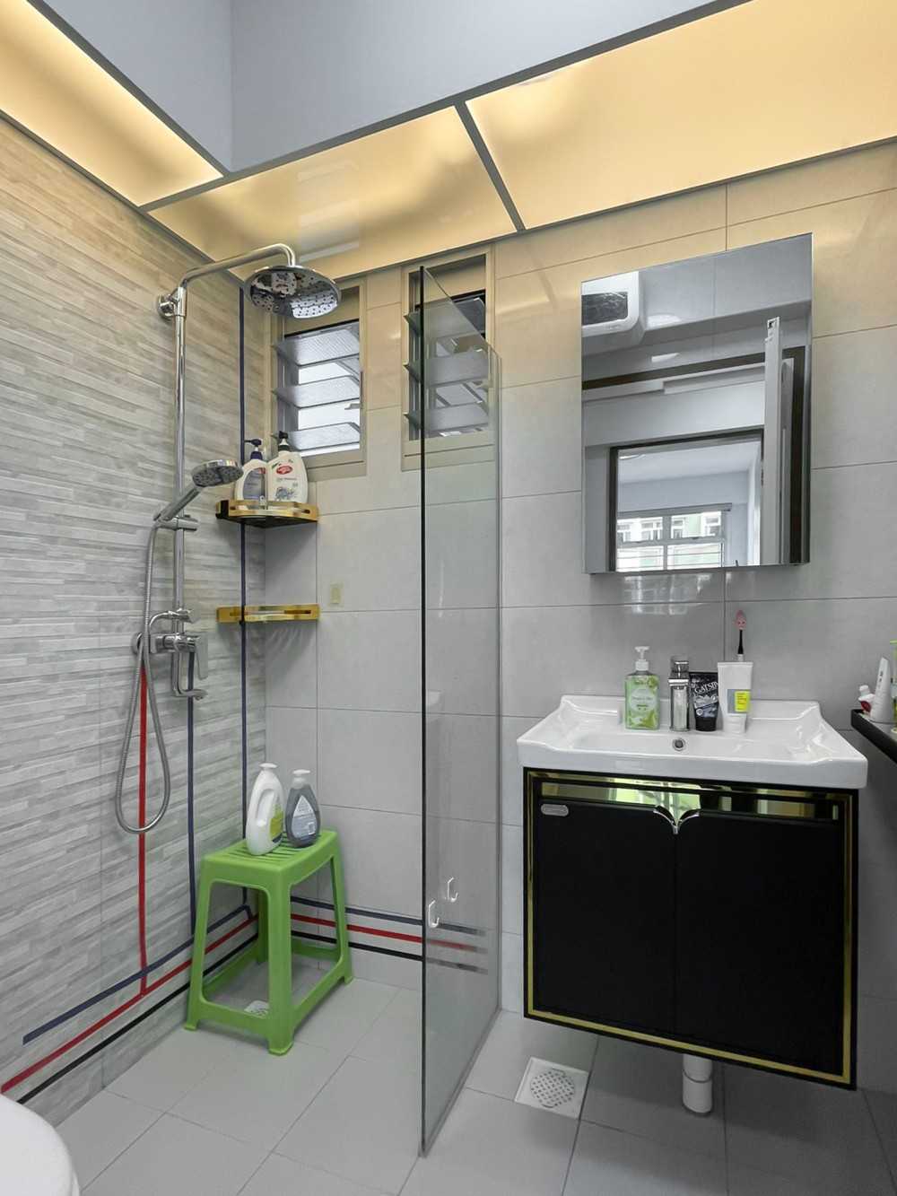 Scandinavian Bathroom with Shower Screen and Bathroom Storage