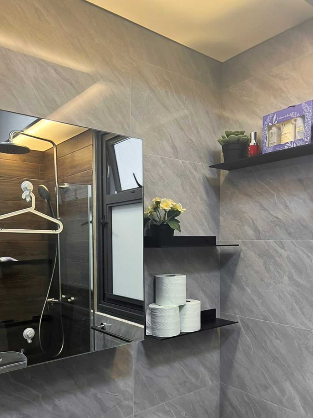 Scandinavian Bathroom with Feature Wall and Mirror