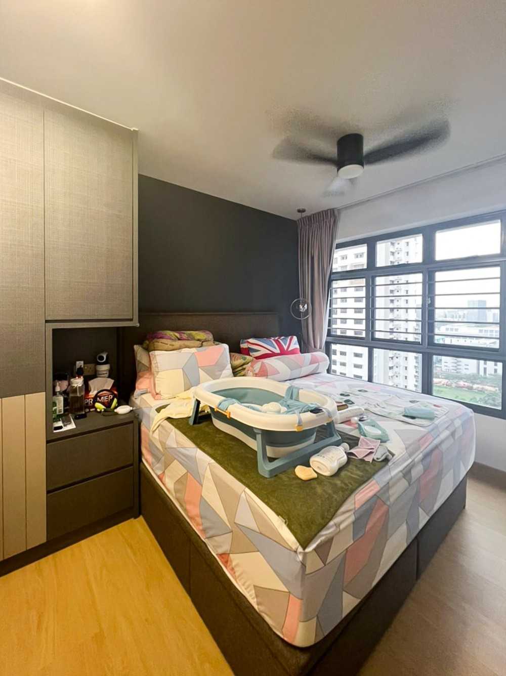 Scandinavian Bedroom with Wardrobe and Window Grille