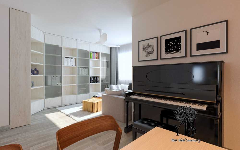 Contemporary Living Room with Bookshelf and Vinyl Flooring
