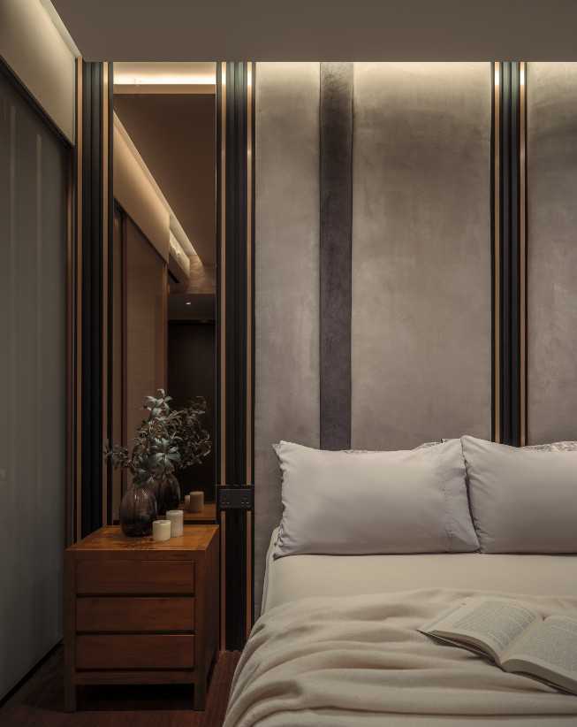 Modern Bedroom with Vinyl Flooring and Feature Wall