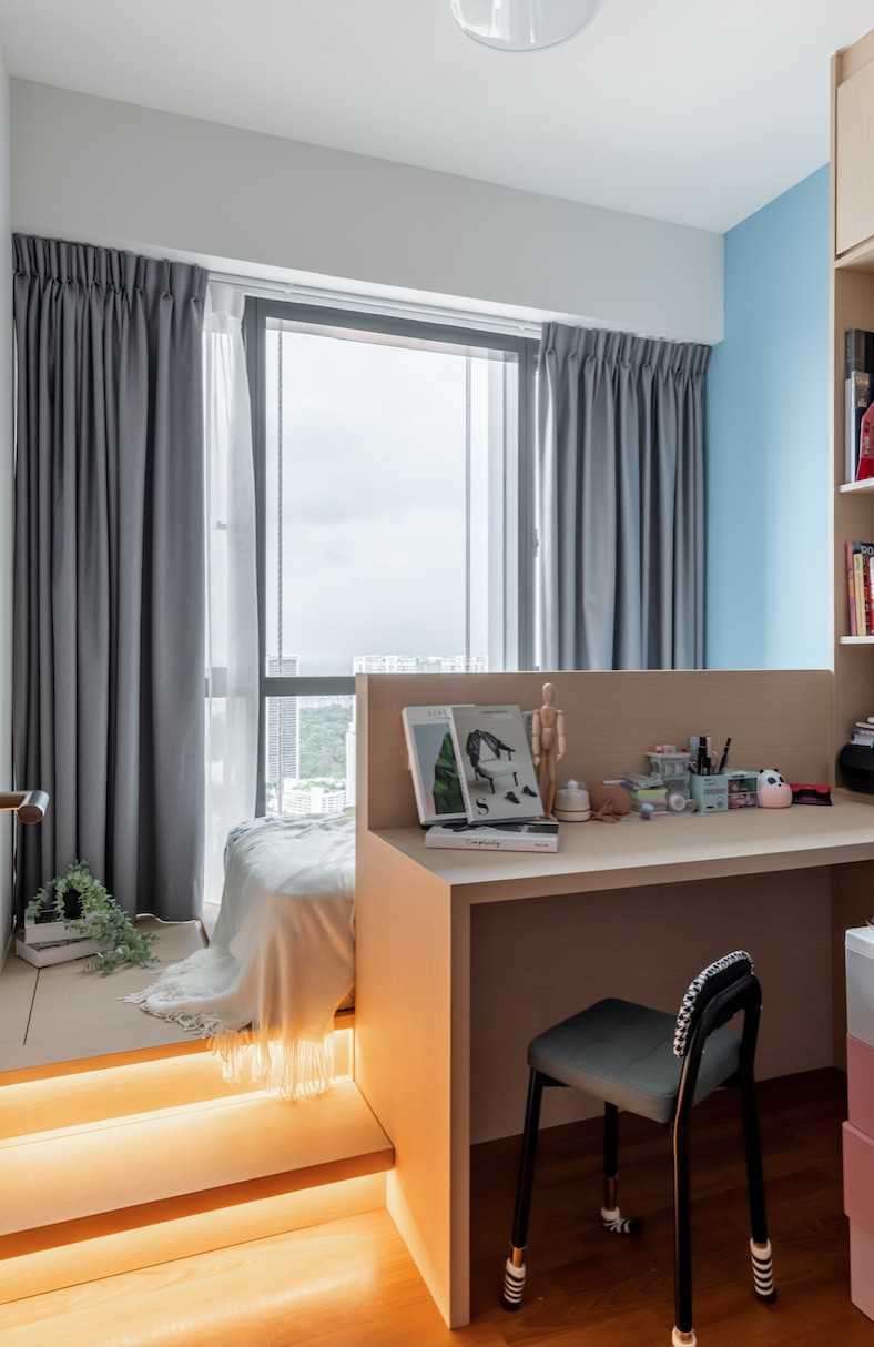 Modern Bedroom with Bookshelf and Platform Bed