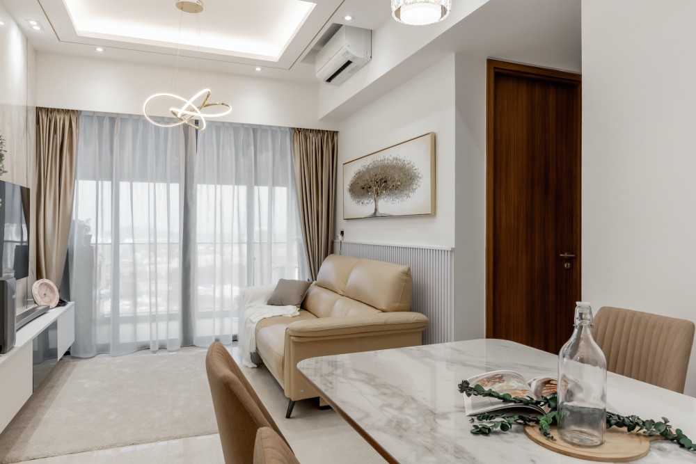 Modern Living Room with Marble Floor and Drop Light
