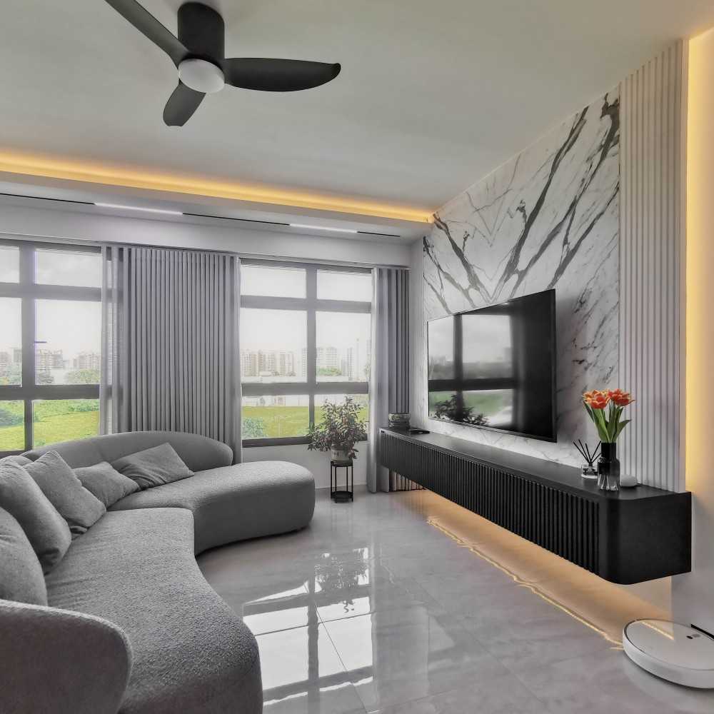 Contemporary Living Room with TV Console and Feature Wall