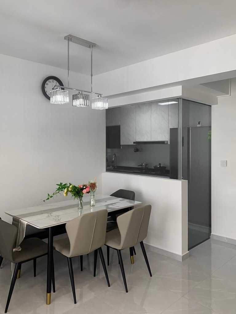 Scandinavian Dining Room with Glass Door and Dining Table