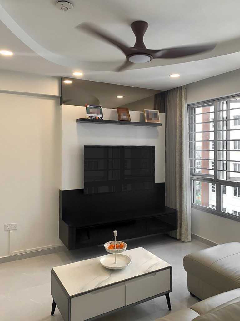 Scandinavian Living Room with TV Console and Window Grille