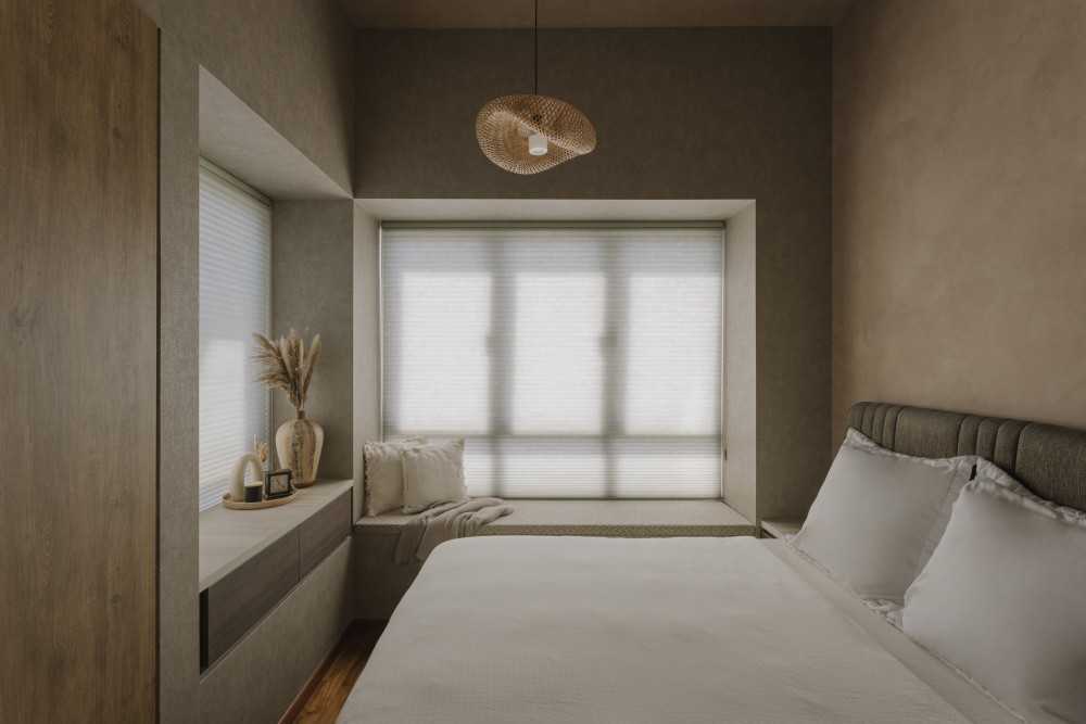 Minimalist Bedroom with Bay Window and Wardrobe