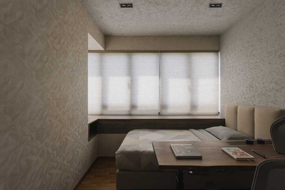 Minimalist Bedroom with Bay Window and Wallpaper