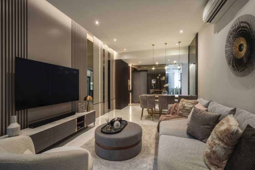 Contemporary Living Room with Homogeneous Tiles and Cove Lighting