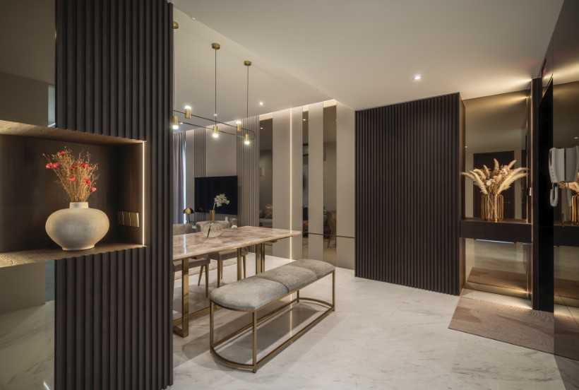 Contemporary Dining Room with Drop Light and Cove Lighting