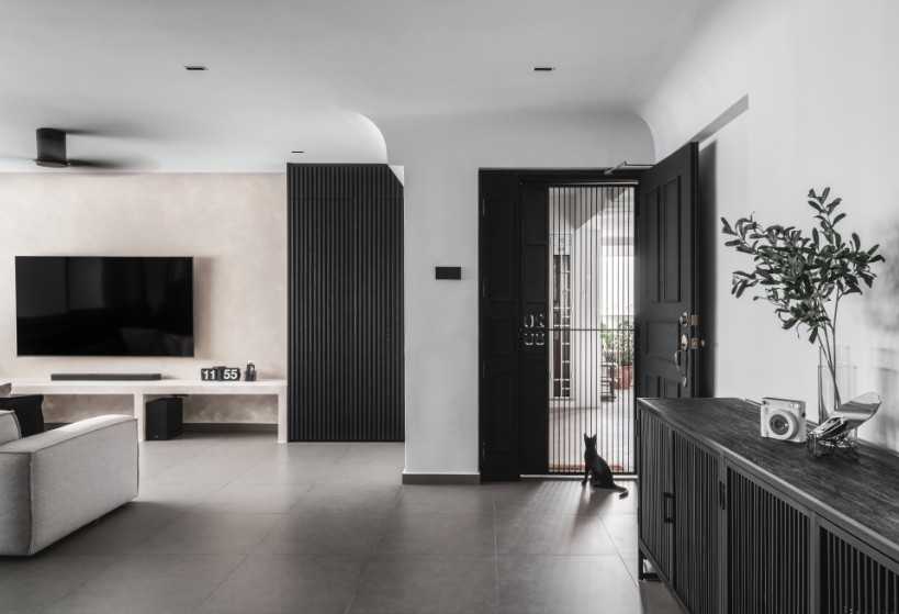 Minimalist Living Room with Homogeneous Tiles and TV Console