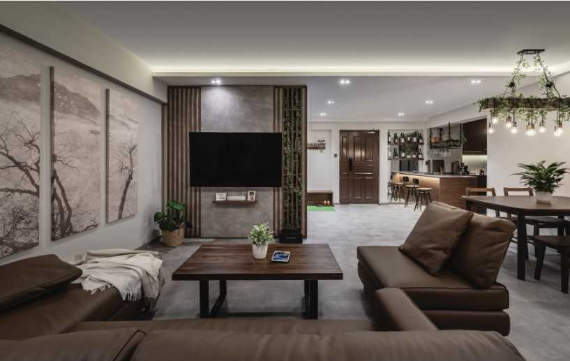 Modern Living Room with Feature Wall and Ceiling Light