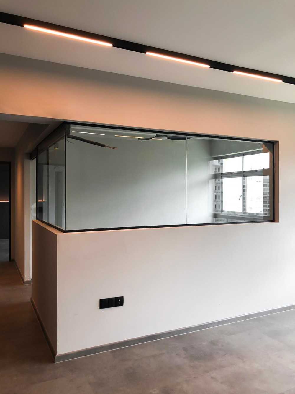 Scandinavian Home Office with Glass Door and Window Grille