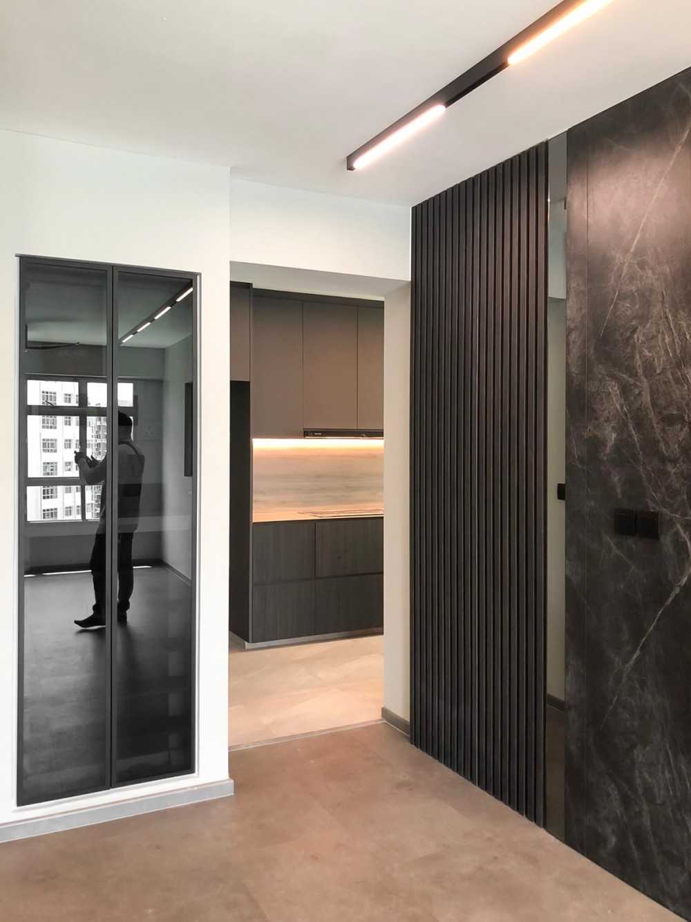 Scandinavian Living Room with Glass Door and Panelling