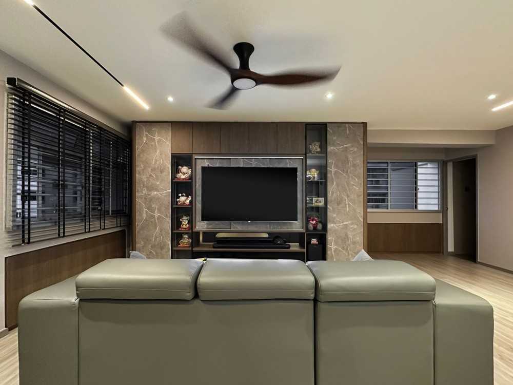 Scandinavian Living Room with TV Console and Window Grille