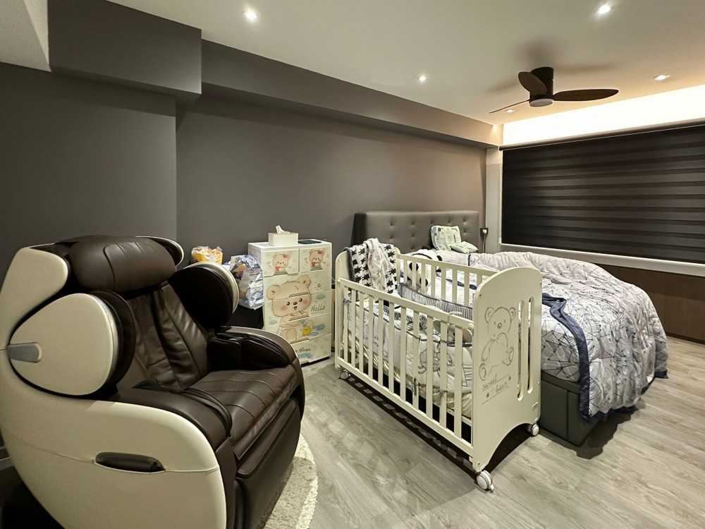 Scandinavian Bedroom with Window Shutters and Paintings