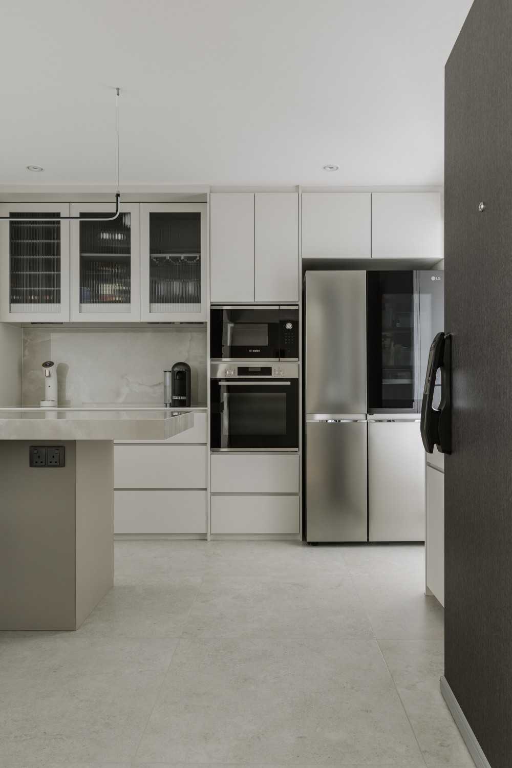 Modern Entryway with Breakfast Counter and Storage Cabinets