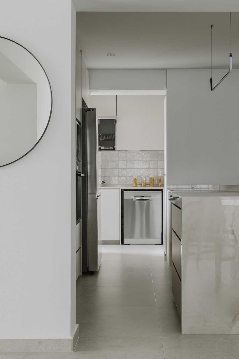 Modern Hallway with Countertop and Kitchen Island
