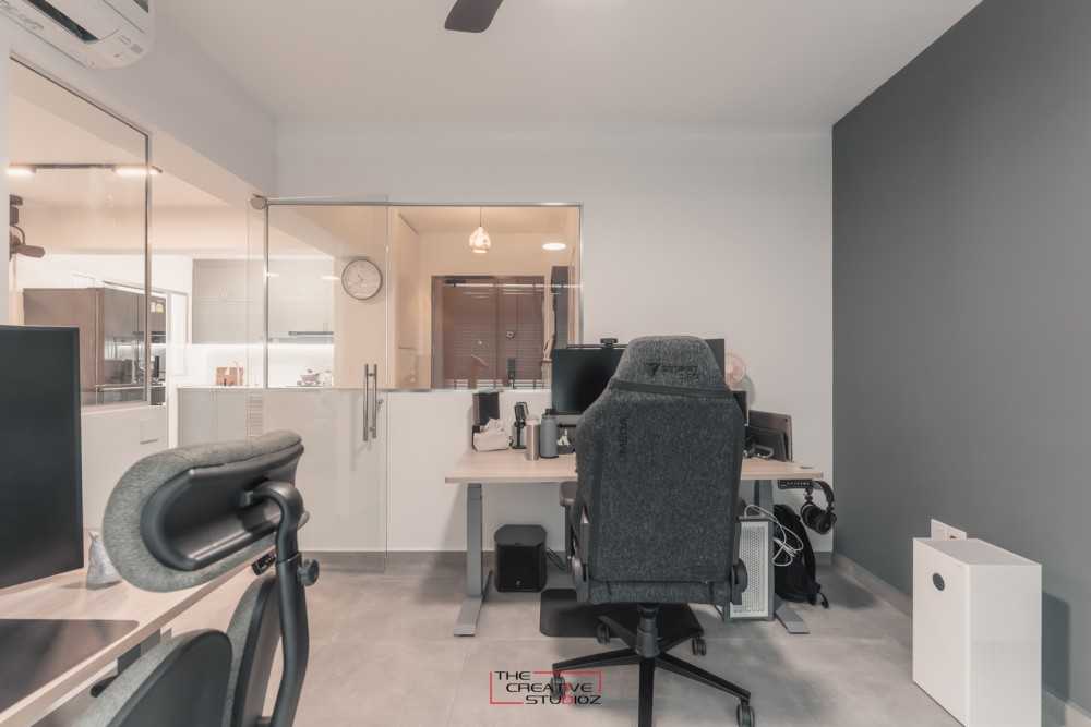 Modern Home Office with Desk Chairs and Storage Cabinets