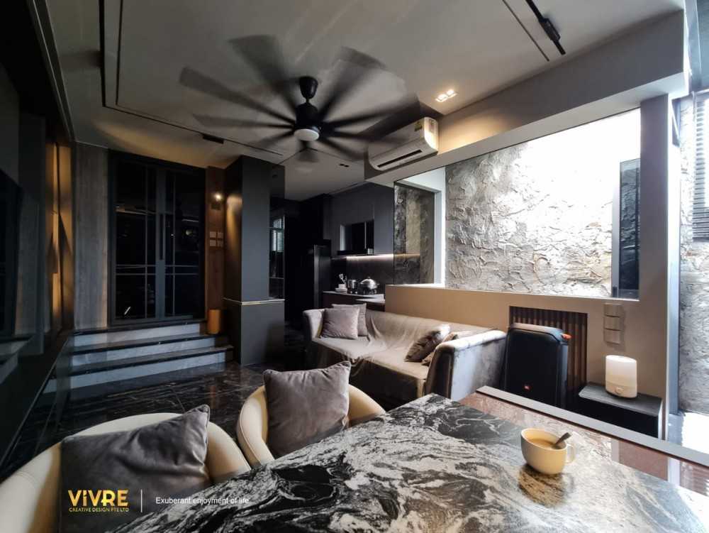 Modern Living Room with Homogeneous Tiles and Ceiling Light