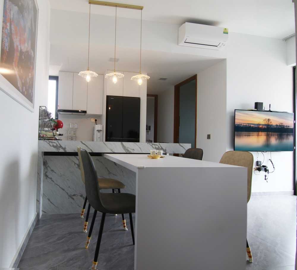 Modern Living Room with Homogeneous Tiles and Kitchen Island