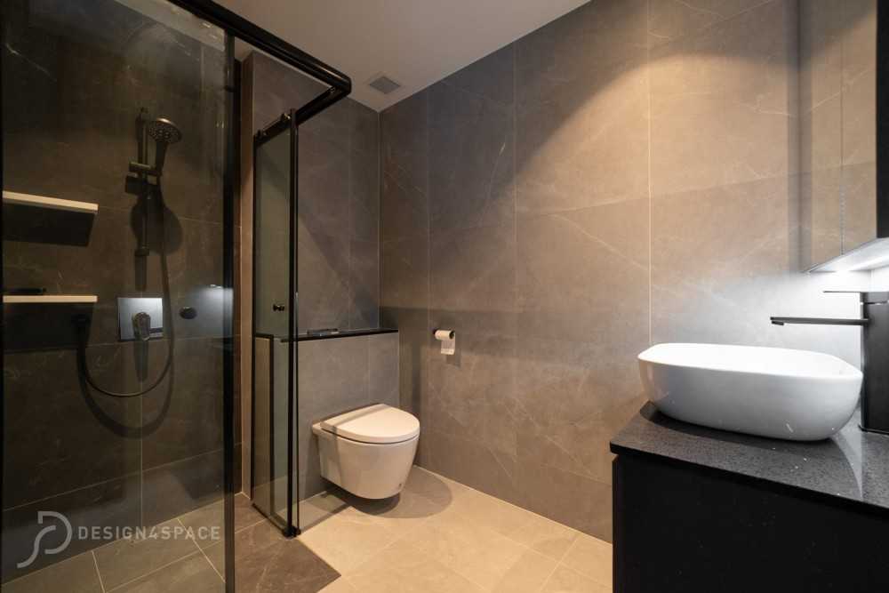 Minimalist Bathroom with Homogeneous Tiles and Herringbone Tiling