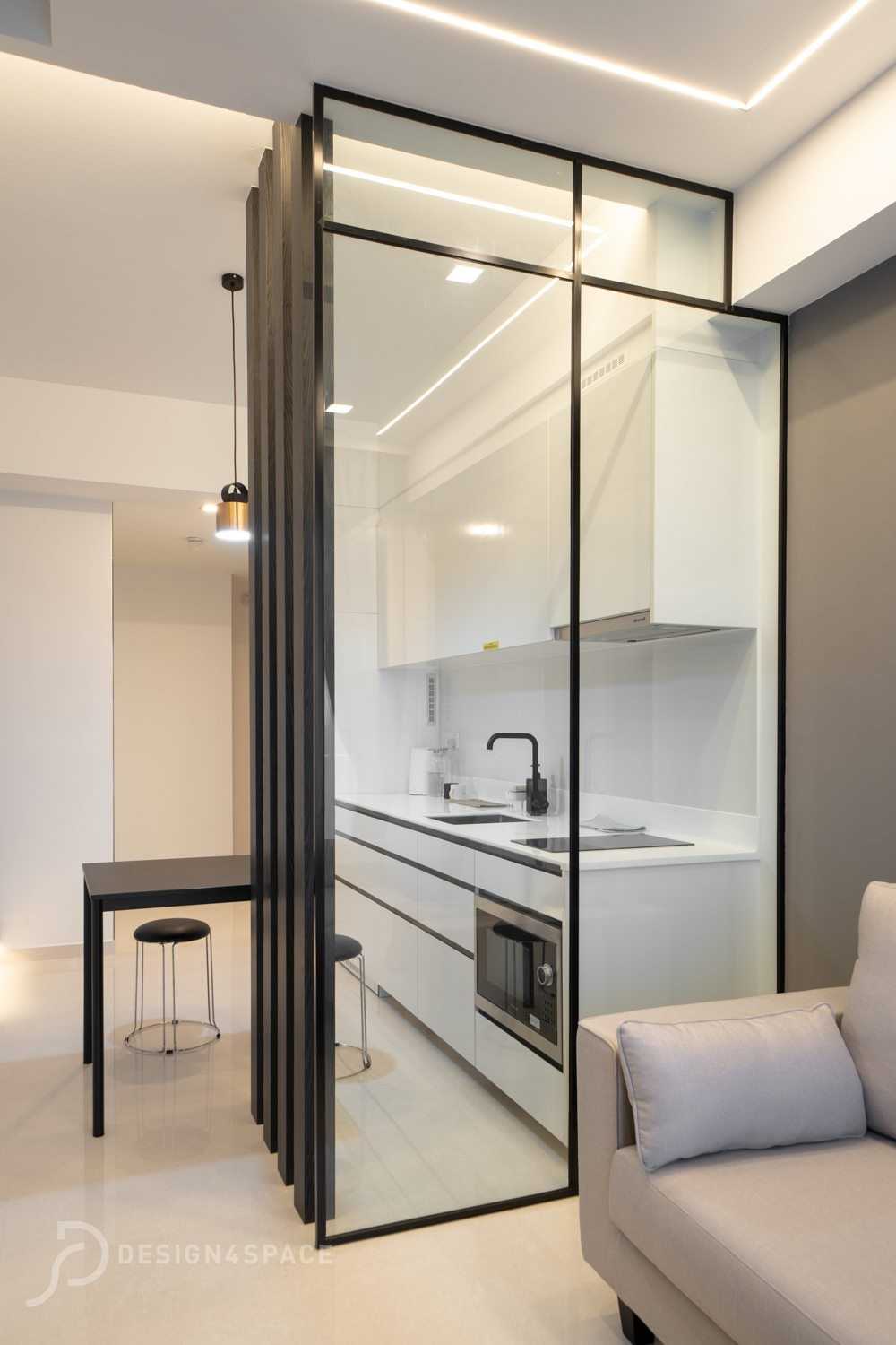 Minimalist Kitchen with Wood Flooring and Kitchen Island