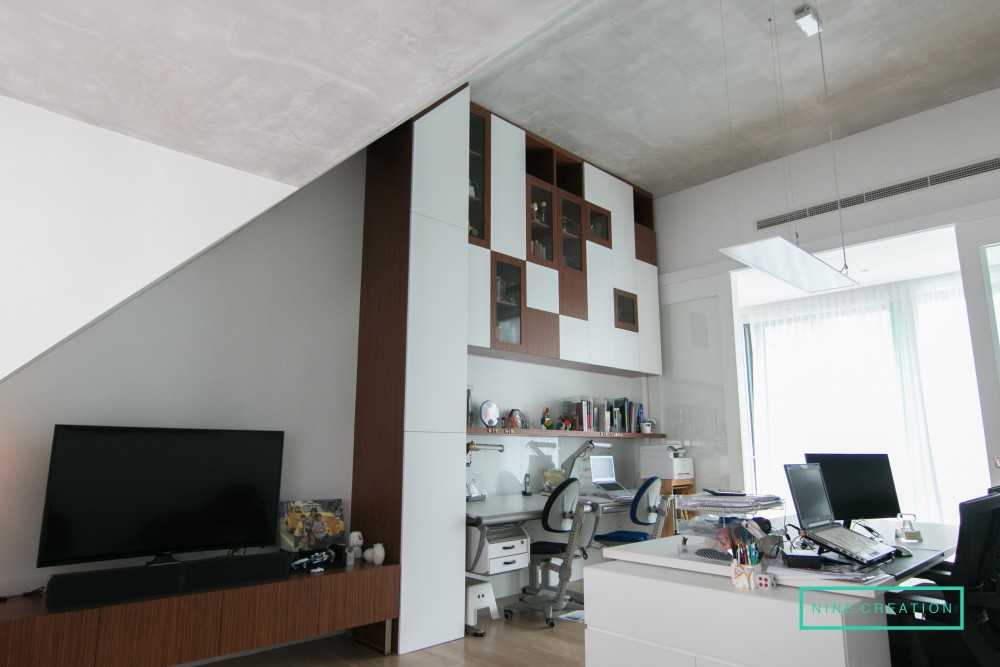 Contemporary Bedroom with Bookshelf and Parquet Floor
