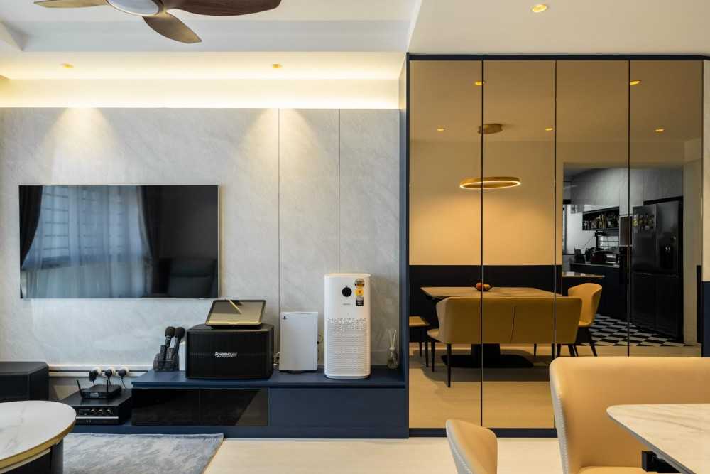 Modern Living Room with Homogeneous Tiles and Feature Wall