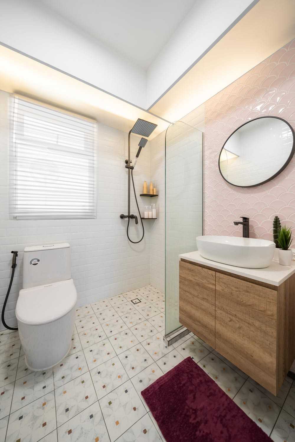 Scandinavian Bathroom with Homogeneous Tiles and Mirror
