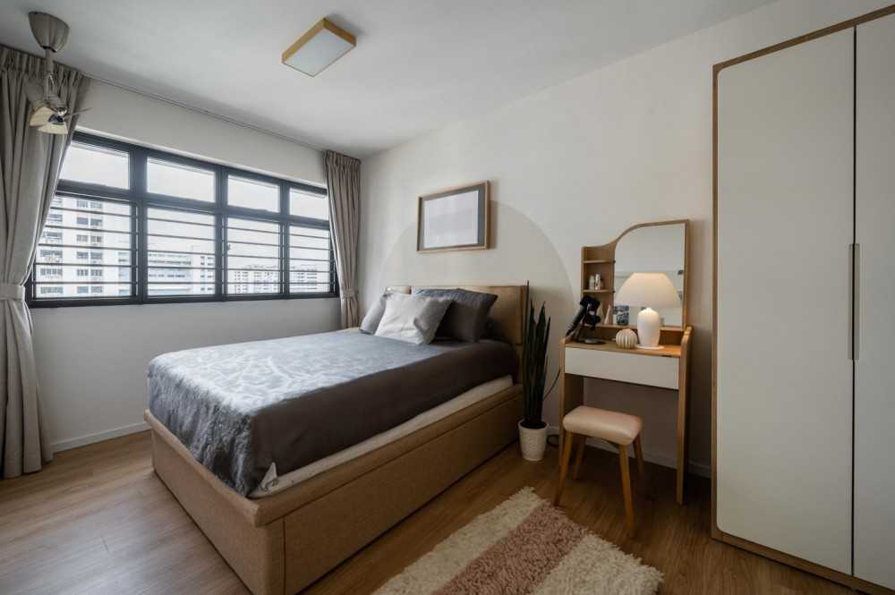 Scandinavian Bedroom with Vinyl Flooring and Herringbone Tiling