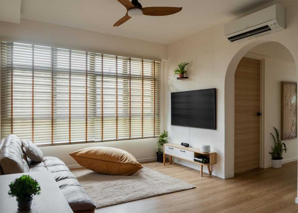Scandinavian Living Room with Wood Flooring and TV Console