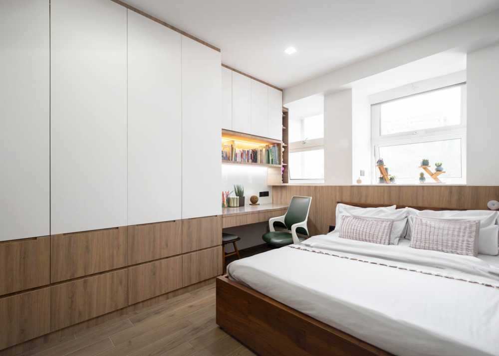 Modern Bedroom with Bookshelf and Wardrobe