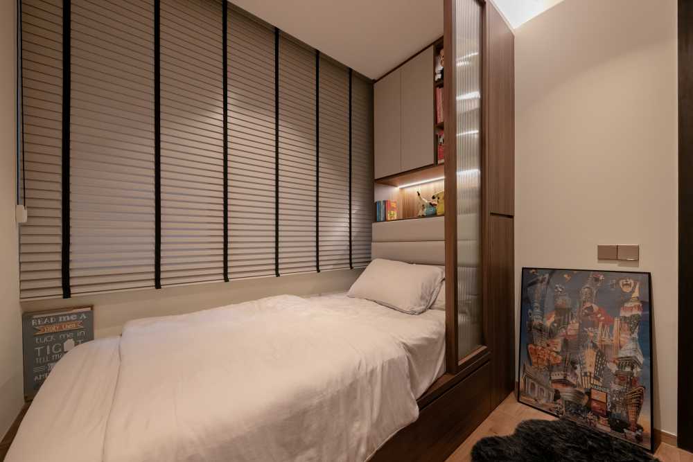 Modern Bedroom with Bookshelf and Vinyl Flooring