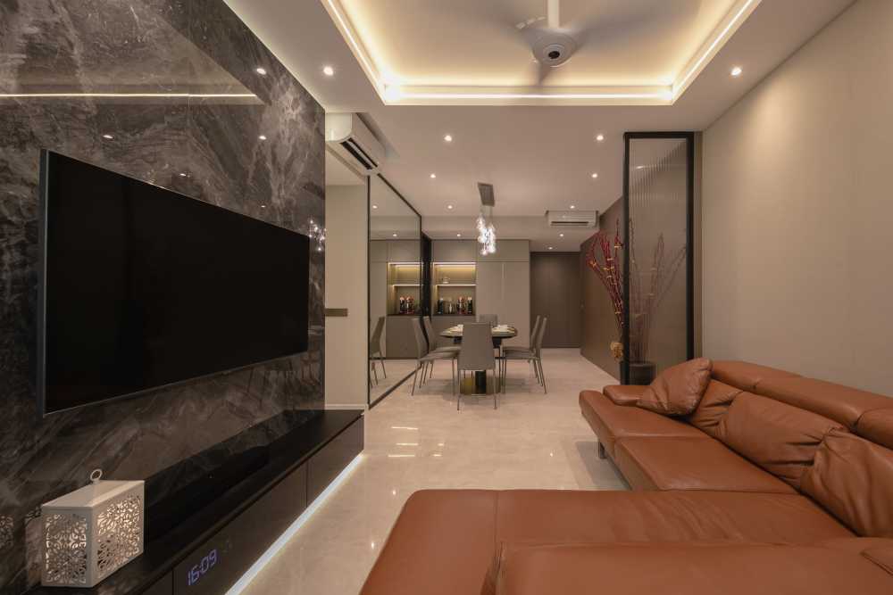 Modern Living Room with TV Console and Ceiling Light