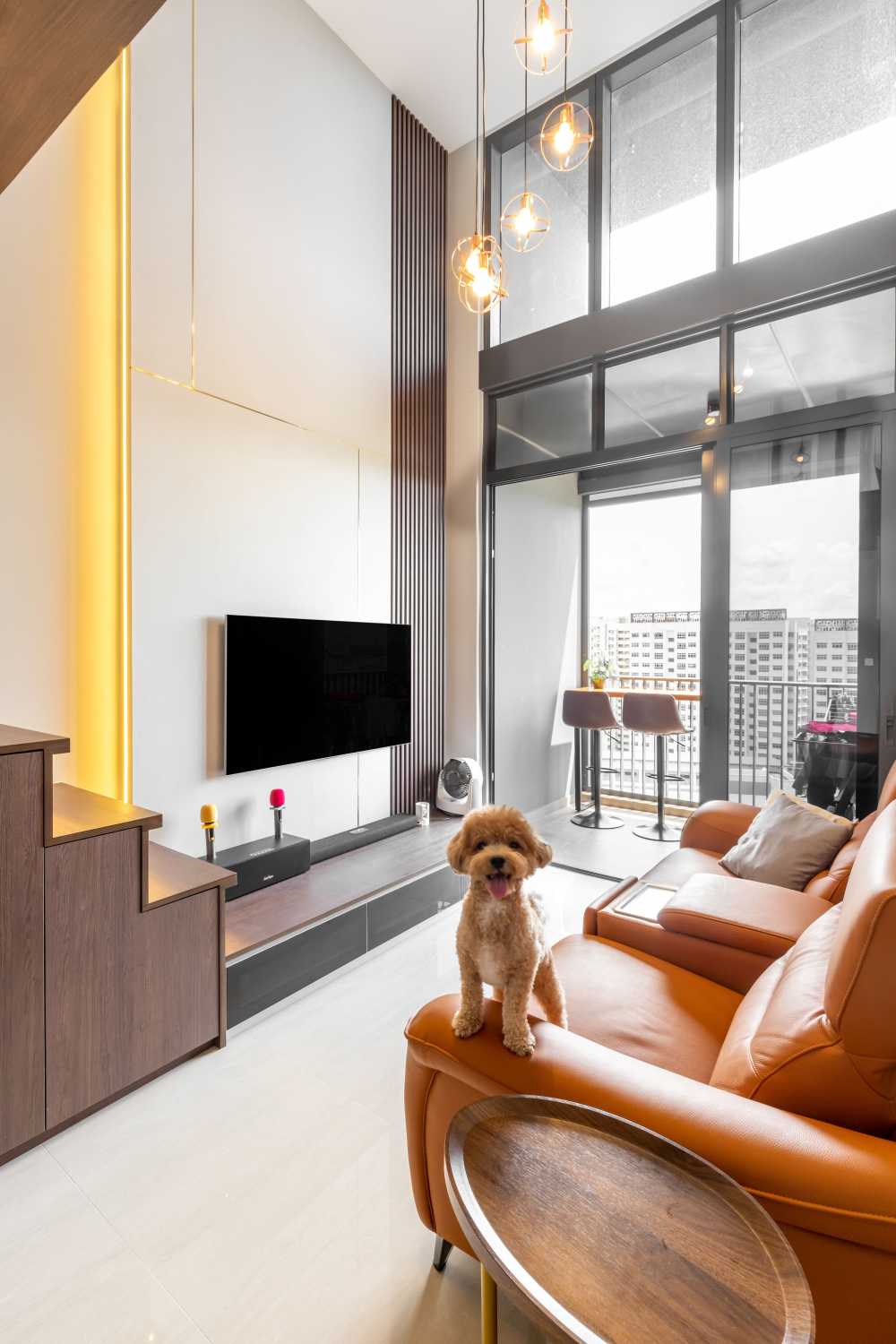 Contemporary Living Room with Homogeneous Tiles and TV Console