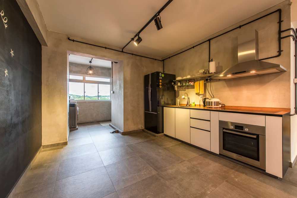 Industrial Kitchen with Countertop and Homogeneous Tiles