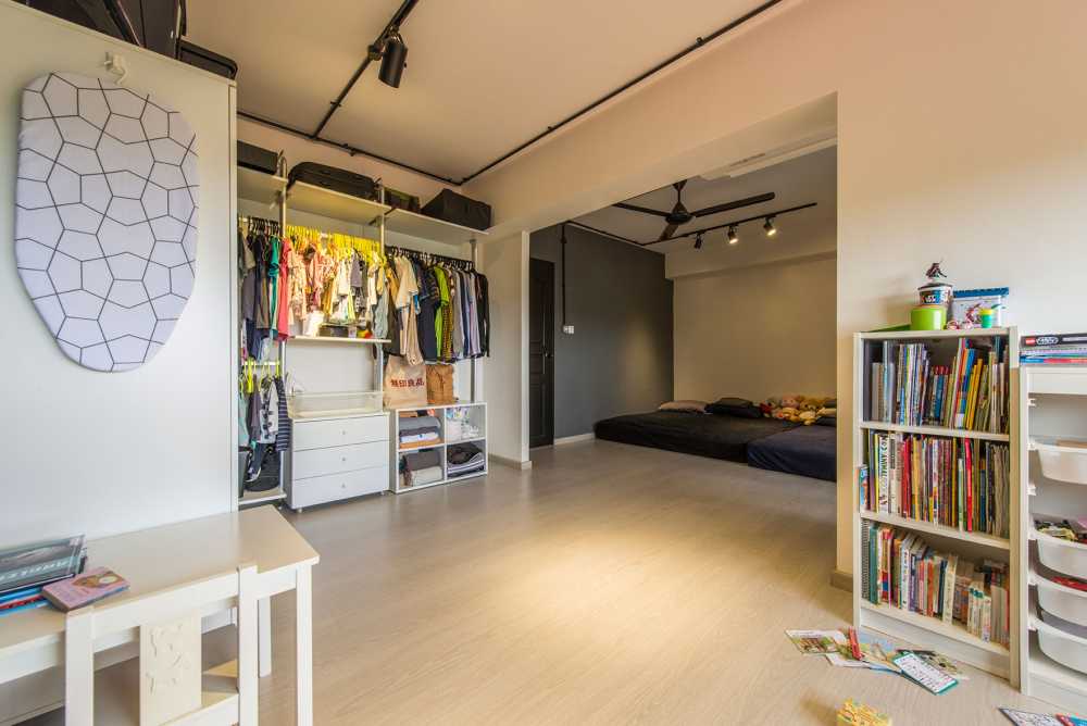 Industrial Bedroom with Vinyl Flooring and Wardrobe